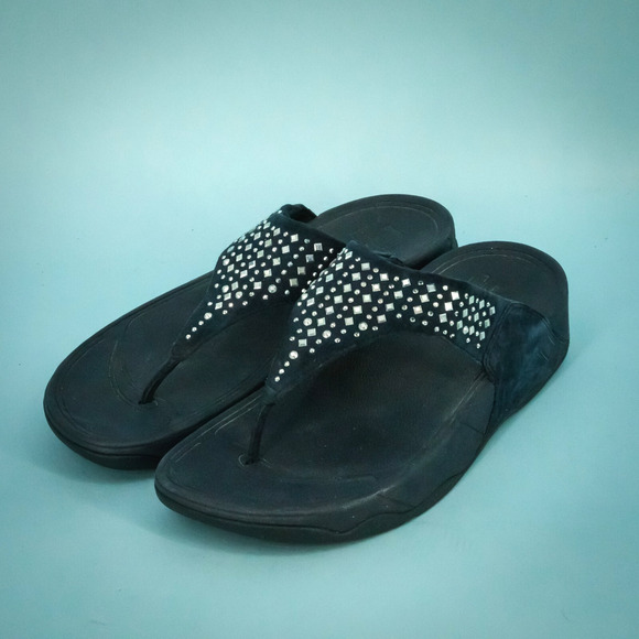 FitFlop Size 8 Navy Blue Novy Sparkle Jewel Slip Slide On Thong Flip Flops - Picture 1 of 6